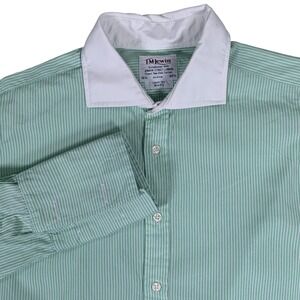 TM Lewin Dress Shirt Mens 16.5 34.5 Green Striped Slim Fit Contrast Collar Cuff